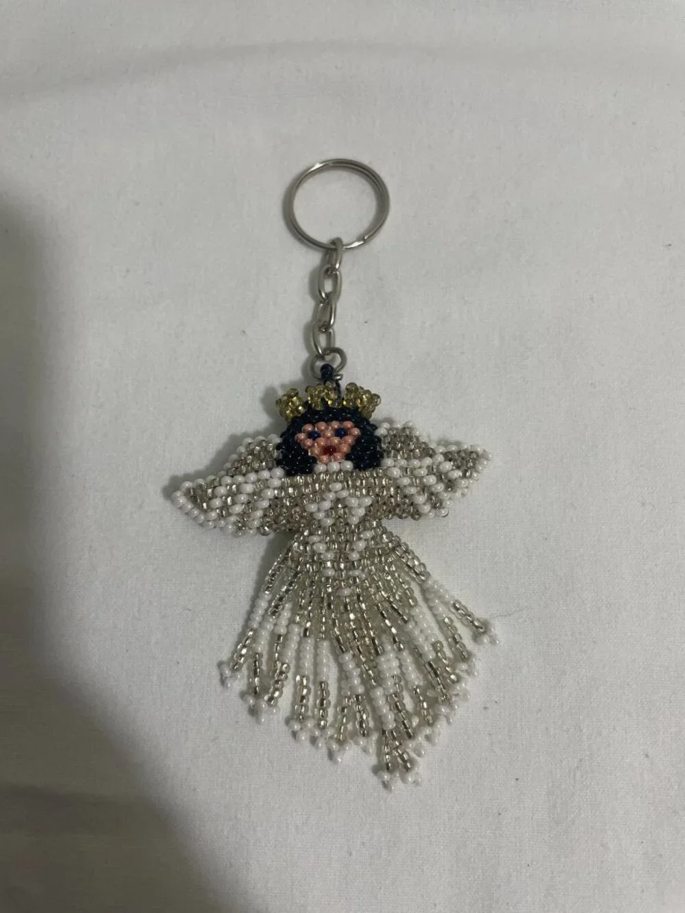 Handmade Beaded Angel Keychain White Silver Guardian Angel Charm Key Ring